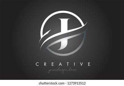 J Letter Icon Logo Design with Circle Steel Swoosh Border and Metal Texture. Creative J Design Vector Illustration.