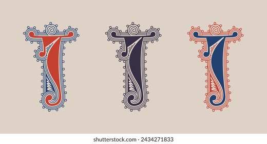 J letter illuminated gothic monogram with naturalistic flowers ornament. German drop cap. Dark age decorative logo. Classic medieval red and blue Latin initials font based on XIV century manuscript.