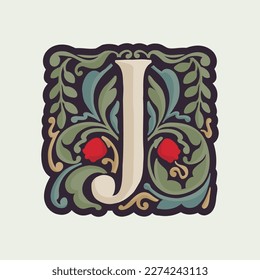 J letter illuminated initial with curve leaf ornament and tulips. Medieval dim colored fancy drop cap logo. Gothic heraldry blackletter dark-age emblem. Perfect for luxury calligraphy with pattern.