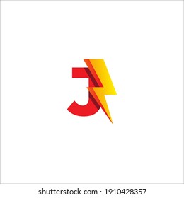 J Letter Initial Logo Design Template Isolated On White Background. Alphabet with Thunder Shape Logo Concept. Hot Red and Yellow Orange Gradation Color Theme.