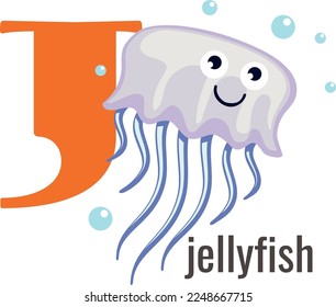 J letter with jellyfish. English vocabulary card