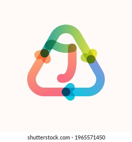J letter line logo inside triangular shaped recycling symbol with arrows. Colorful gradient overlay emblem for your eco-friendly Illustrations, and plastic free living and zero waste projects. 