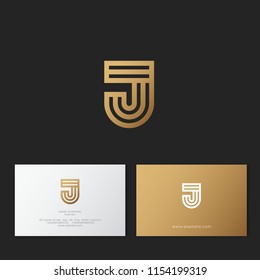 J letter. J linear logo. G gold monogram, isolated on a dark background.  Identity. Business card.