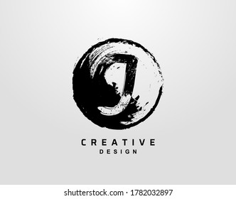J Letter Logo With Circle Grunge Element. Retro Circle Splatter logo design template.
