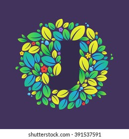 J letter logo in a circle of leaves and flowers. Font style, vector design template elements for your vegan or ecology application or corporate identity.