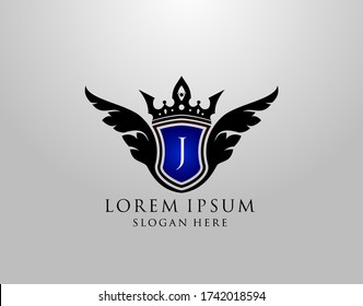 J Letter Logo. Classy Wings J Shield Design for Royalty, Restaurant, Automotive, Letter Stamp, Boutique,  Hotel, Heraldic, Jewelry, Wedding.