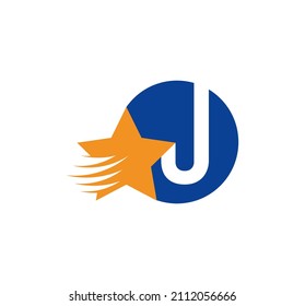J letter logo and creative flying star. Corporate logo initials in round emblem. Speed ​​effect star vector illustration. Corporate brand identity. white background.