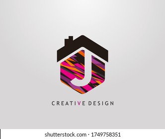 J Letter Logo. Creative hexagon house strip shape with negative space of letter J, Home Studio Icon Design.