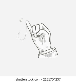 J Letter Logo In A Deaf-mute Hand Gesture Alphabet. Hand-drawn Engraving Style Vector American Sign Language Illustration.