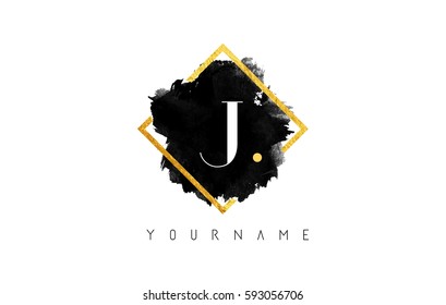 J Letter Logo Design with Black ink Stroke over Golden Square Frame.