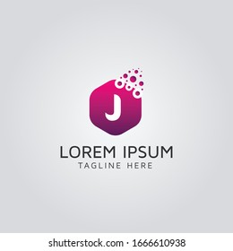 J Letter Logo Design with Dots and Hexagon polygon shape on gradient, Dots Letter J Business Logo Vector Design Template Illustration. 
