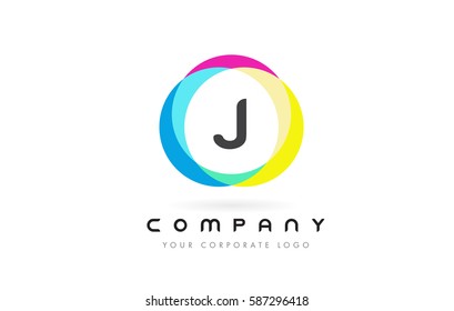 J Letter Logo Design with Rainbow Rounded Magenta Yellow Blue and Green Colors.