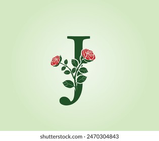 J Letter logo design with red rose flower and leaves on a green background. Initial Letter J Vector Illustration combined with Botanical elements.