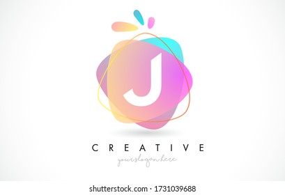 J Diseño de Logotipo Carta con formas redondeadas vibrantes de color Splash. Ilustración de vectores de letras de diseño abstractas de color rosa y naranja azul.