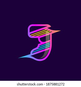Logotipo de letra J con líneas diagonales multicolor. Este tipo de letra es perfecto para una tecnología de audio, publicidad de una empresa de tecnología, afiches de DJ, identidad de música rápida, etc.
