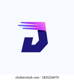 J letter logo with fast speed lines or wings. Corporate branding identity design template with vivid gradient. Can be used for delivery ads, technology poster, sport identity, etc.