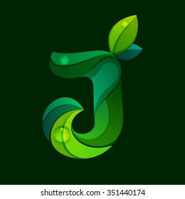 J letter logo formed by green leaves. Font style, vector design template elements for your application or corporate identity.