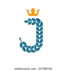 J letter logo formed by laurel wreath with crown. Vector design template elements for your application or corporate identity.