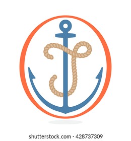 J letter logo formed by rope with an anchor. Vintage badge can be used for a print on fabric, emblem and design elements. 