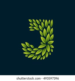 J letter logo formed by fresh green leaves. Vector ecology elements for banner, presentation, card, labels or posters.