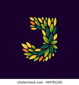 J letter logo formed by green and autumn leaves. Leaf pattern. Vector ecology elements for banner, presentation, card, labels or posters.