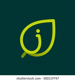 J letter logo in green leaf. Line style icon. Vector ecology elements for posters, t-shirts and cards.