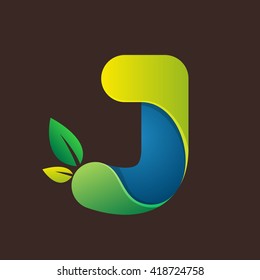 J letter logo with green leaves. Font style, vector design template elements for your eco application or corporate identity.