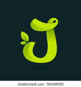 J letter logo with green leaves. Vector ecology elements for web, t-shirts and cards.