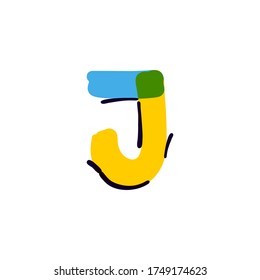 J letter logo handwritten with a multicolor felt-tip pen. Perfect vector icon for kids design, interior print, cute labels, etc.