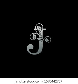 J Letter  logo icon. Monochrome Design concept logo  letter J  with  leaves silver color for initial, fashion, restaurant, cafe, hotel and more brand identity.