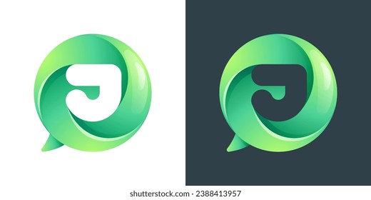 J letter logo inside speech bubble with swirl pattern. Negative space style icon. Colorful gradient emblem for your social media app, call center, online message, feedback icon, telemarketing screen.