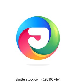 J letter logo inside swirling loop circle. Negative space style icon. Colorful gradient emblem for your social network app, fun avatar or loading screen.