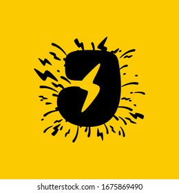 J letter logo with lightning negative space. Hand drawn monochrome vintage style. Perfect type for energy labels, superhero print, rock music posters etc.