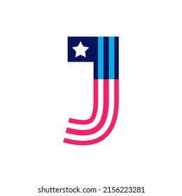 J letter logo made of American Stars and Stripes flag. Vector font for US history and 4th of July celebration in flat style. Perfect for Independence Day cards, invitations, banners.