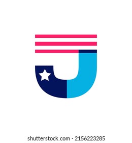 J letter logo made of American Stars and Stripes flag. Vector font for US history and 4th of July celebration in flat style. Perfect for Independence Day cards, invitations, banners.