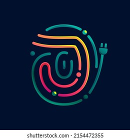 J letter logo made of fingerprint with plug. Colorful cable icon with vivid gradients and lines. Perfect for energy design, accessories advertising, gadget packaging, electric identity.