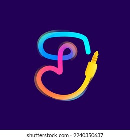 J letter logo made of vivid gradient line wire with mini jack icon and rainbow shine. Overlapping multicolor emblem. Ideal for music app, audio design, DJ identity, technology advertising.