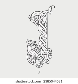 Logo de la carta J. Monograma de las cápsulas de gota medievales. Iniciales hechas de bestias celtas espirales, serpiente, dragón. Caligrafía gótica iluminada. Capital ornamental heráldica de la Edad Media. Fuente germánica para tatuajes paganos.