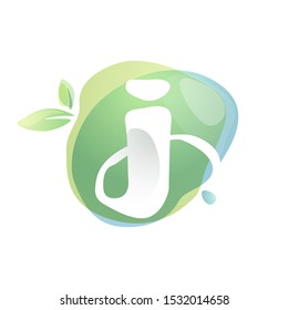 J letter logo with negative space at green watercolor splash background. Vector elements for organic food labels, ecology presentation, card etc.