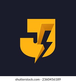 J letter logo with negative space lightning. Flash vector monogram. Electric bolt icon. Perfect type for energy labels, superhero t-shirt print, rock music posters, delivery art, electromobile adv.