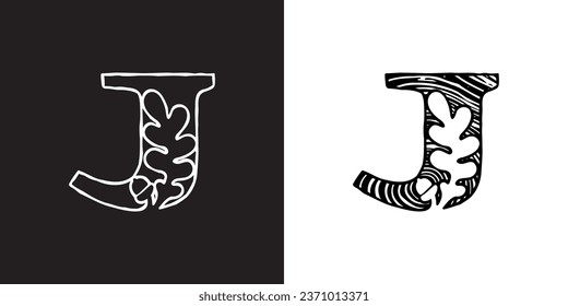 J letter logo with oak leaf and acorn. Tree cross-section. Natural wood texture, ring pattern. Trunk saw cut. Negative space emblem. Vector icon for eco identity, university coat of arms, vintage adv.