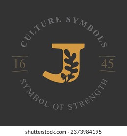 J letter logo with oak leaf and acorn. Negative space style circle emblem template. Vector icon for your ecology identity, royal brand, organic nature symbol, university coat of arms, vintage label.
