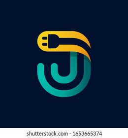 J letter logo with plug cable inside. Vector typeface for electric car identity, technology headlines, charging posters etc.