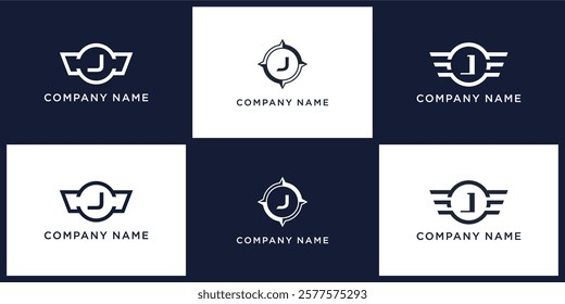  J letter logo set with compass, wing, and ring, editable vector bundle