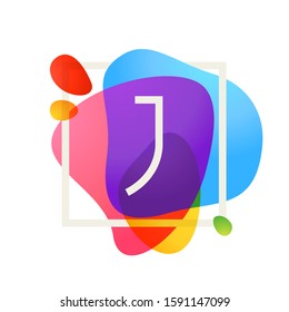 J letter logo in square frame at watercolor splash background. Color overlay style. Vector typeface for labels, headlines, posters, cards etc.