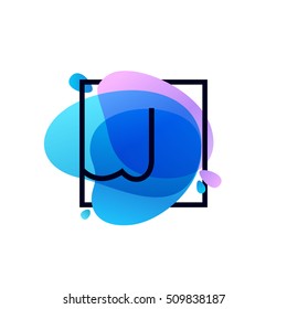 J letter logo in square frame at blue watercolor splash background. Vector ecology typography for your posters, invitations, cards. 