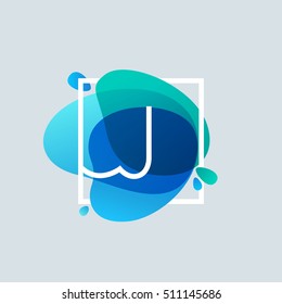 J letter logo in square frame at blue watercolor splash background. Vector ecology typography for your posters, invitations, cards. 