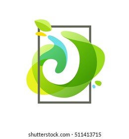 J letter logo in square frame at green watercolor splash background. Vector ecology typography for your posters, invitations, cards. 