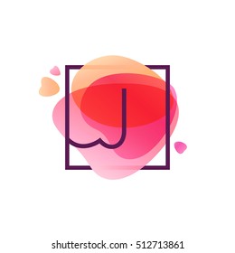 J letter logo in square frame at pink watercolor background. Happy Valentines Day design elements.