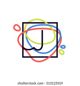 J letter logo in square frame at colorful line background. Font style, vector design template elements for your posters, invitations, cards. 